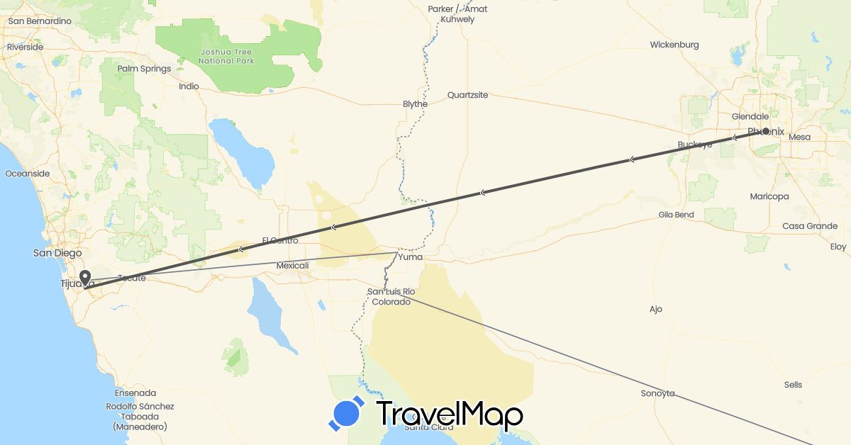 TravelMap itinerary: driving, motorbike in Mexico, United States (North America)